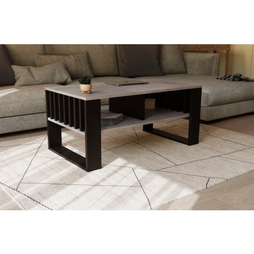 Stolik kawowy ST14 BET z lamelami Ława Beton/Czarny z półką loft